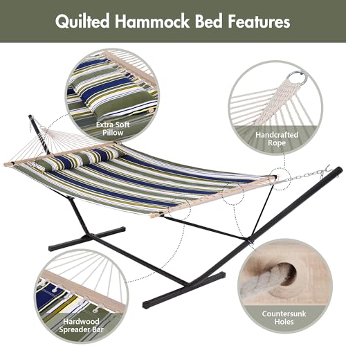 Double Hammock with Stand 12FT (2 Person With Stand / Blue & Green Stripes)
