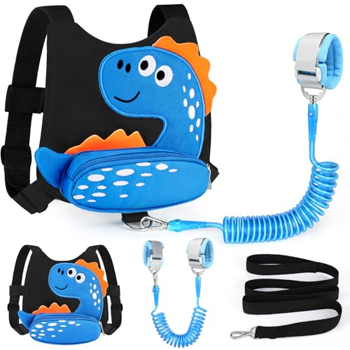 Toddler Harness Leash with Anti Lost Wrist Link (Black/Blue Spotted Brachiosaurus, Blue Link)