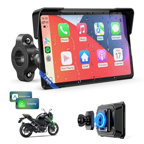 7 Inch Wireless Motorcycle Carplay GPS Navigation System with Apple Carplay and Android Auto Portable Screen with Dual Bluetooth (7 Inch+Magnetic Mount)