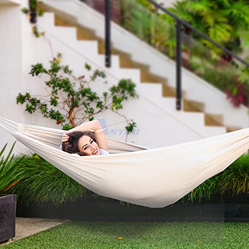 Cotton Camping Hammock Portable with Tree Straps Holds 660lbs (White)