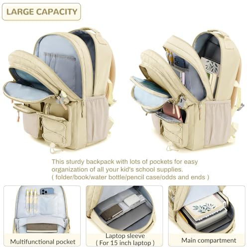 Water Resistant Backpack with Mulitiple Pockets for School Travel Outdoor College (Beige)