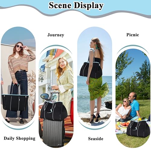 Neoprene Multipurpose Beach Bag Tote with Inner Zipper Pocket (Pure Black / Large)
