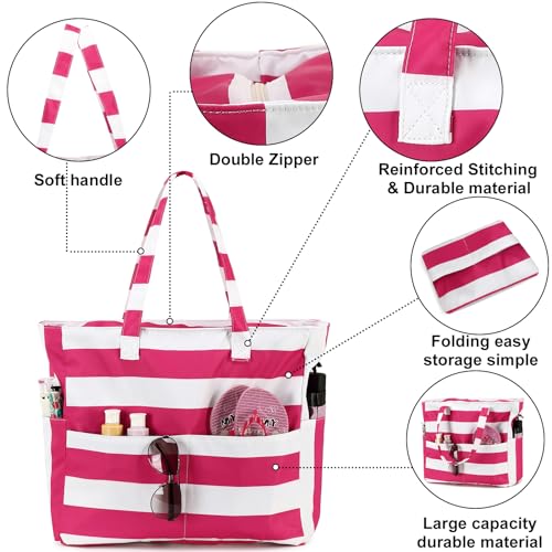 Waterproof Beach Tote Pool Bags for Women Ladies Extra Large Carry On Bag With Wet Compartment for Weekender Travel (Rose-pink Stripes)