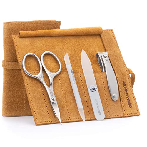 4pc Manicure Nail Care Kit (4-Pc: Clipper, Combo Scissor, Travel File / Yellow Suede Roll)