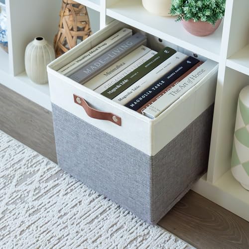 12x12 Cube Storage Bins (Gray Base / Off-White / (12x12) Leather Handles)