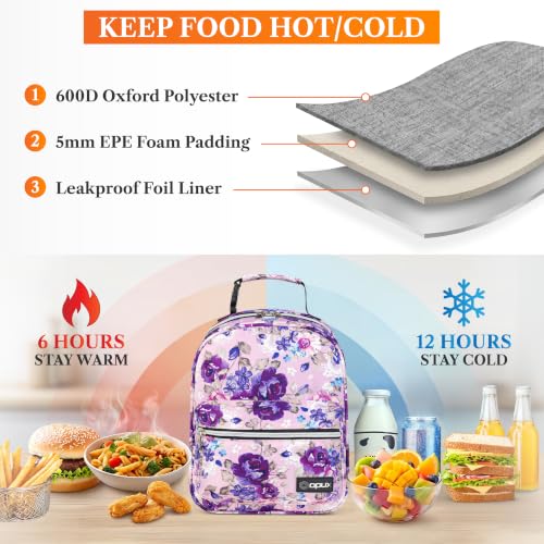 Insulated Lunch Box for Kids and Adults (Purple Flowers)