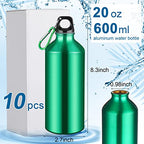 10 Pcs Aluminum Water Bottle 20 oz Reusable Bottles Lightweight Leak Proof Aluminum Sports Travel Bottles with Twist Cap Buckle for Gym (Green)