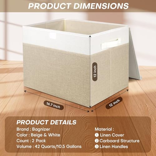 Large 42 Quarts Fabric Storage Bins with Lids [2 (Beige & White / Large - 2 Pack)