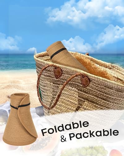 Womens Sun Visor Hats Wide Brim Straw Beach Hat UV Protection Ponytail Packable Beach Vacation Essentials Khaki (Khaki / One Size)