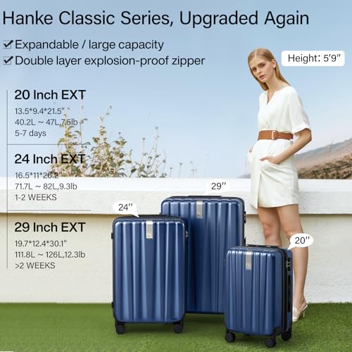 24 Inch Expandable Medium Checked Luggage with 8 Spinner Wheels (24 Inch EXT / Dark Blue)