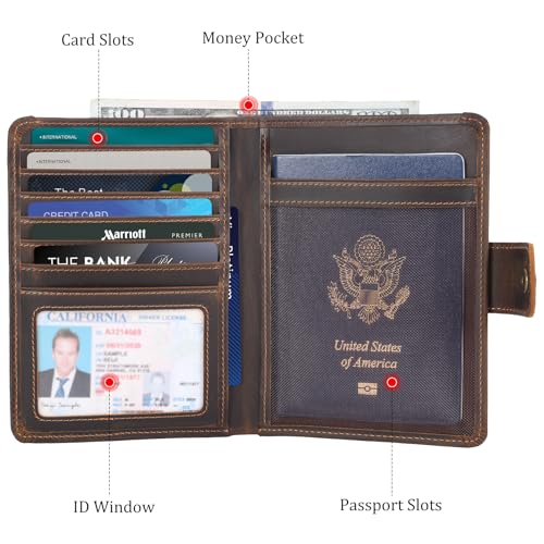 Polare Luxury RFID Blocking Leather Passport Holder Travel Wallet For Men and Women (Dark Brown with AirTag Slot(Snap Version))