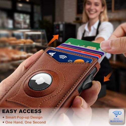 Men Slim Magnetic Leather Airtag Wallet Metal Case Money Clip (Brick Brown8798)