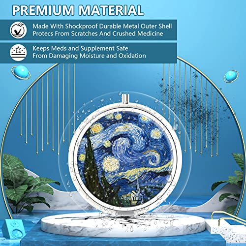 Pill Box 3 Compartment Small Pill Case Pill Organizer for Pocket or Purse (02-van Gogh Starry Night / 1 piece)