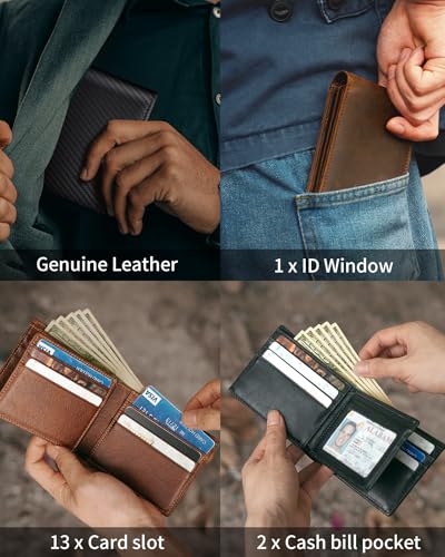 Mens Wallet Genuine Leather Bifold RFID Blocking Wallet for Men with 1 ID Window 13 Card Holders 2 cash pockets 1 Gift Box (Coffee Brown)