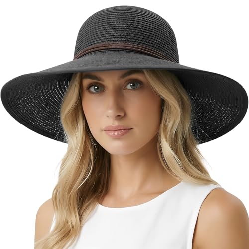 Womens Sun Straw Hat Bowknot Hat Summer Wide Brim Bucket Hats Foldable Beach Sun Hats Roll up UPF 50+ (1 Pack Bowknot Hat: Black, 4.7" Brim)