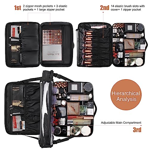 Large Makeup Organizer Profession Makeup Bag Extra Large Makeup Case with Adjustable Dividers (Super Large / Black with Plastic Dividers)