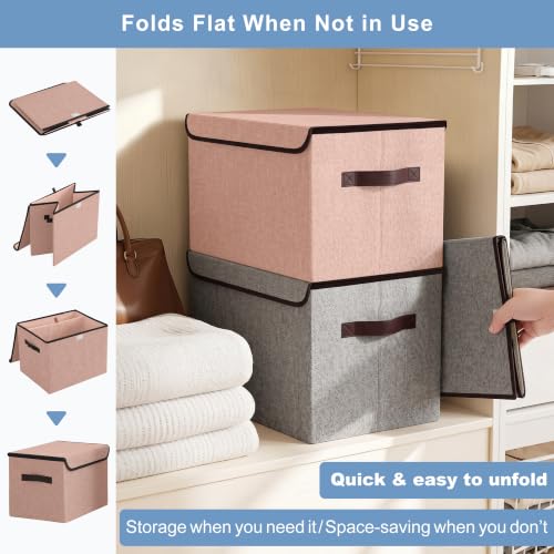 Linen Fabric Foldable Storage Cube Bin Organizer Basket with Flip (Pink & Gray / Medium - 4 Pack)