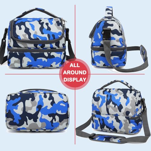 Kids Double Decker Cooler Insulated Lunch Bag Large Tote for Boys (Blue Camo)