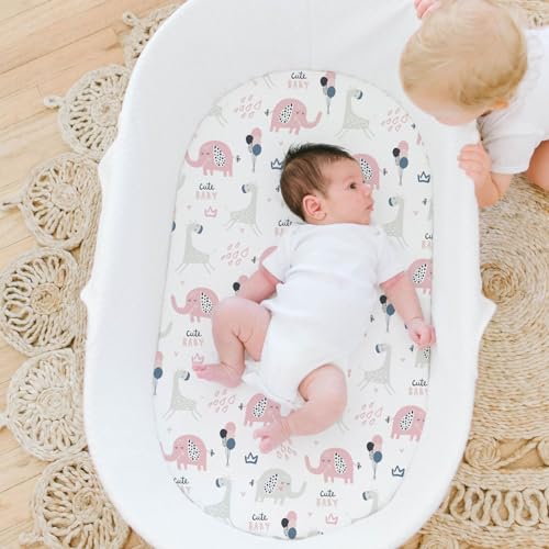 Stretch Fitted Bassinet Sheet Set BROLEX 2 Pack Cradle Sheets for Bassinet Pad (Elephant Rabbit / 32x16 Inch)