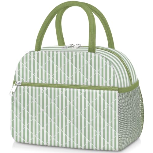 Lunch Bag Lunch Box for Women Adult Men Insulated Quilted Reusable Large Lunch Tote Bag Leakproof Simple Cooler Bag for Work Office Picnic Beach or Travel (B-Green Stripes / Medium - 10L)