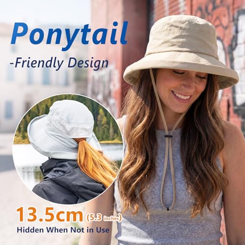 Sun Hat for Women Wide Brim SPF 50 UV Protection with Chin Strap Packable Bucket Hat for Travel Beach Outdoor Summer Waterproof Lightweight Gardening H iking Fishing Camping Cream Beige L (Cream Beige / Large)