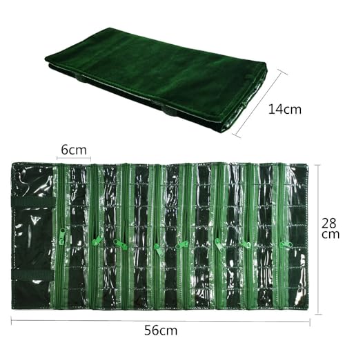 Travel Jewelry Roll Bag Portable Organizer Pouch With Grids&PVC Cover Storage Bags for Necklace (Blackish Green Velvet 56 Grids)