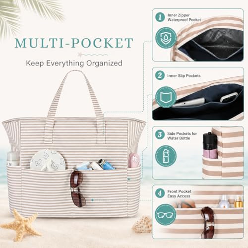Large Beach Bag for Women (Khaki White)