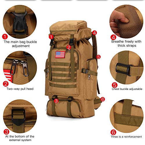 70L Camping Hiking Backpack Tactical Backpack Military Molle Rucksack Backpack for Outdoor (Khaki)