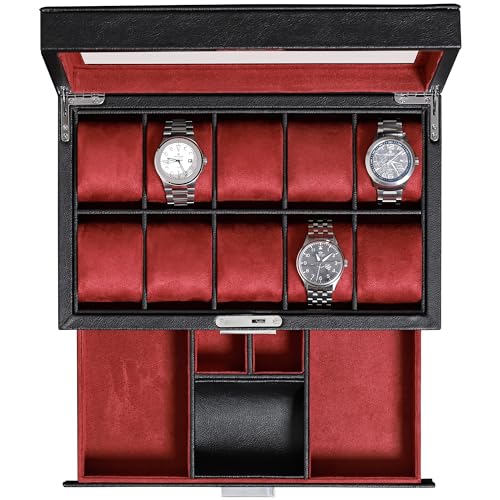 10 Slot Watch Box in Leather with Valet Drawer (Black/Red)