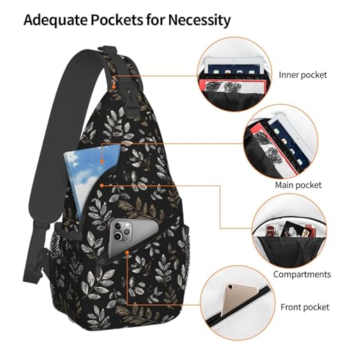 Sling Bag Boho Black Leaf Pattern Hiking Daypack Crossbody Shoulder Backpack Travel Chest Pack for Men Women (B0167)