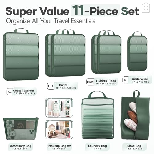 11 Set Compression Packing Cubes for Travel Essentials (Dark Green / 11 set)