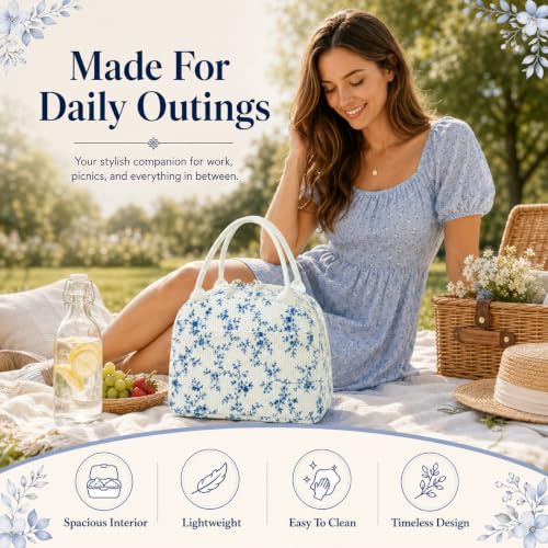 Lunch Bag for Women Cute Corduroy Lunch Tote Bags with Shoulder Strap Reusable Insulated Lunch Box Large Capacity Reusable Insulated Cooler for Work Picnic or Travel (Blue Floral 293 / 10L)
