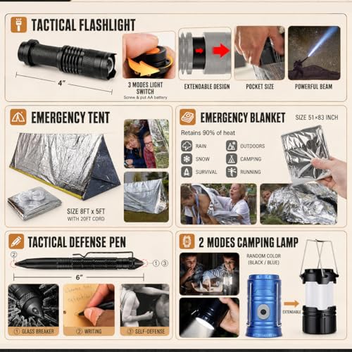 Survival Kit 250Pcs Survival Gear First Aid Kit with Molle System Compatible Bag and Emergency Tent (C-Camo-Black&Grey)