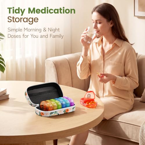 Weekly Travel Pill Organizer 2 Times a Day AM PM Rainbow Pill Box (A Canvas Bloom 01 / 1 Set Canvas Case)