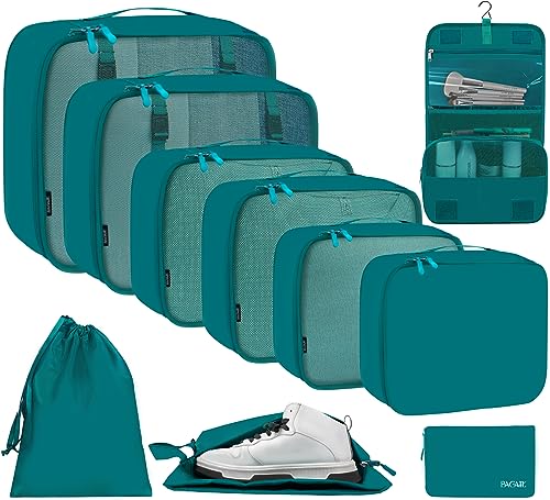 10 Set Packing Cubes Various Sizes Packing Organizer for Travel Accessories Luggage Carry On Suitcase (10-Teal / 10 Set-full Mesh)