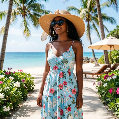 Wide Brim Sun Hat for Women Floppy Straw Hat Summer Beach Hats Fashionable Trendy Hats Sun Protection UPF 50+ (1 Pc：khaki+white Dot Hat, 4.7" Brim)