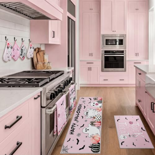 10 Pcs Halloween Kitchen Decor Pink Ghost Kitchen Rugs Set (Pink, White / Ghost)