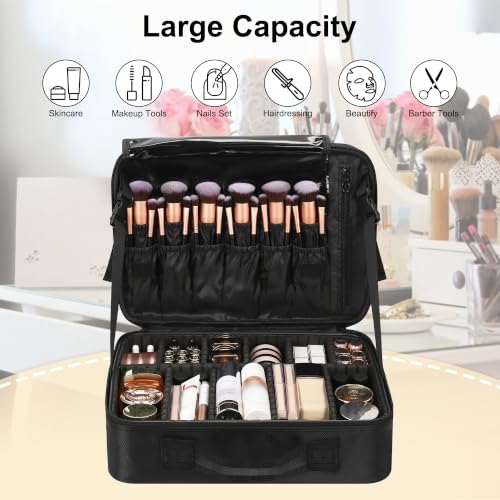 Makeup Case Large Makeup Bag Professional Train Case 14 inches Travel Cosmetic Organizer Brush Holder Waterproof Makeup Artist Storage Box (Medium / Black 2-Layer)