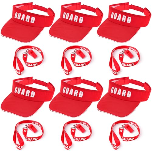 6 Sets Halloween Lifeguard Visor Hat Red Emergency Whistle Lanyard