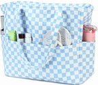 Beach Bag Waterproof Sandproof Women Beach Tote Bag Pool Bag with Zipper for Gym Grocery Travel with Wet Pocket (Light Blue White)