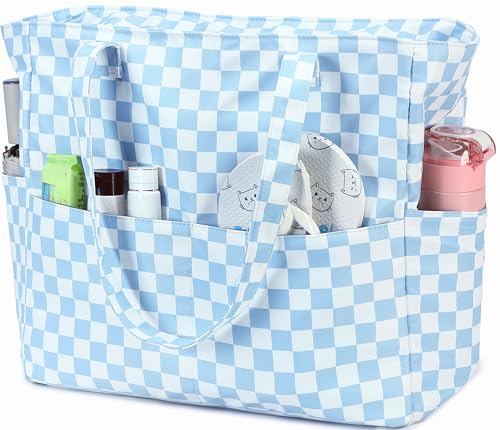 Beach Bag Waterproof Sandproof Women Beach Tote Bag Pool Bag with Zipper for Gym Grocery Travel with Wet Pocket (Light Blue White)