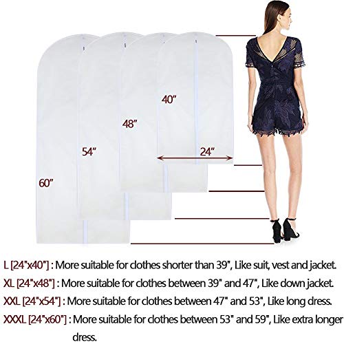 Garment Bags for Hanging Clothes 24'' x 48'' Long Suit Dust Hanging Garment Bag White Breathable Suit Covers for Closet Full Zipper Dust Cover for Dance Dress Clothes Pack of 6 (24'' x 48''/6 Pack / White-Translucent)