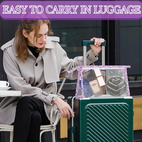 12 Pieces Clear Makeup Bag PVC Portable Travel Makeup Cosmetic Toiletry Zippered Pouches Waterproof Vinyl Plastic Large Clear Organizer Storage Case (12pcs Purple L)