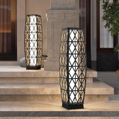 2 Piece Solar Outdoor Floor Lamp Solar Powered Wicker Lantern Outdoor Weather (2 PCS Large / Cindy)