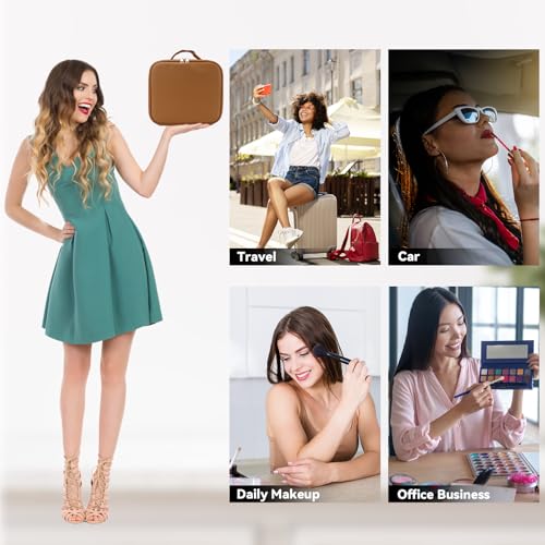 Travel Makeup Bag with LED Mirror and 10x magnifying glass with 3 Lighted Settings (Brown / With LED Mirror and 10x Magnifying Glass)