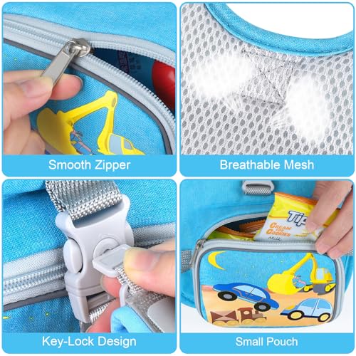 Toddler Harness Leash + Reflective Anti Lost Wrist Link (Sky Blue/Car & Excavator)