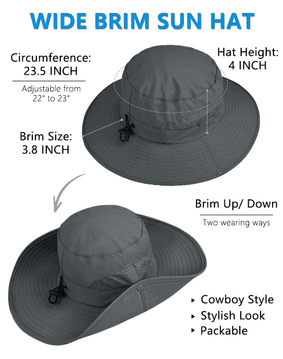 Sun Hat for Men Women Fishing Hat with Neck Flap Wide Brim Bucket Hat UV Protection for Beach Camping Hiking (Dark Grey-with Cooling Sleeves)