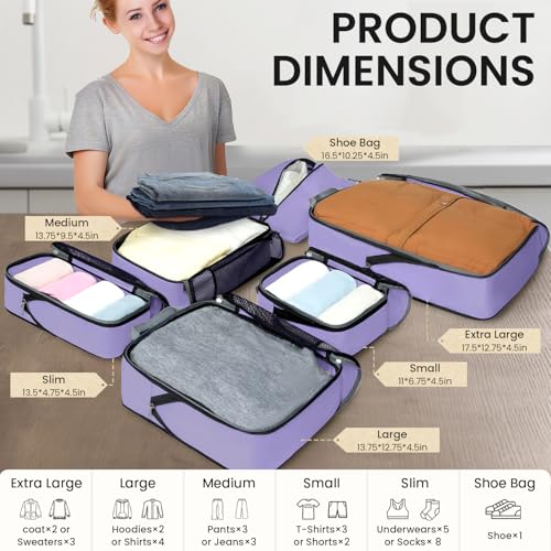 4 Set/6 Set/8 Set Compression Packing Cubes Travel Accessories Expandable Packing Organizers (Half Mesh, 6-Lavender) (6-Lavender / Half Mesh)