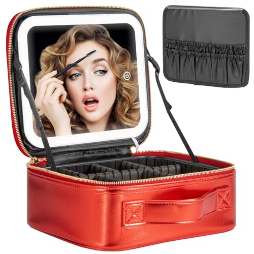 Makeup Travel Train Case with Mirror LED Light 3 Adjustable Brightness Large Cosmetic Bag Portable Storage Adjustable Partition Waterproof Brushes Make up Jewelry Gift for Women (Red)
