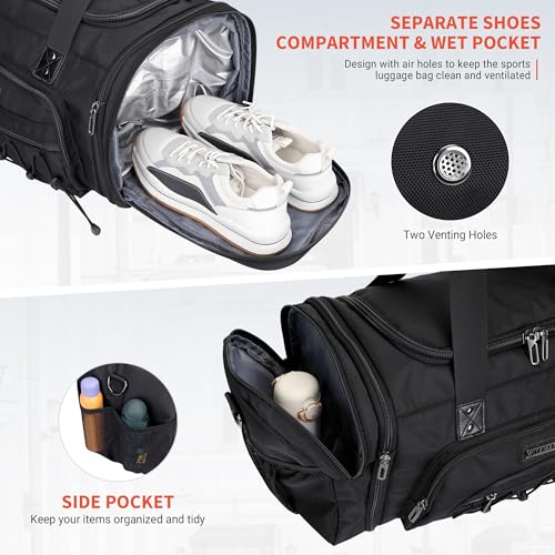 Mens Duffle Bag Expandable 50L Travel Gym with Shoe Compartment (Black)